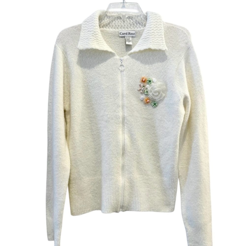 Vintage Carol Rose Floral Accent Zip Up Cream Cardigan Sz L